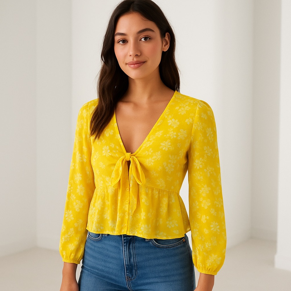 Abercrombie & Fitch Yellow Floral Sheer Tie Front Blouse – Size S